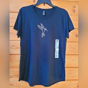 NWT- Black, Women's Soft Tee, Swarovski Crystals Hummingbird
